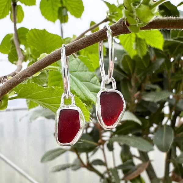 Seaglass huggie hoop earrings, Red Seaglass, Sterling Silver earrings, Hoop earrings, Silver hoops, Drop earrings, Hook earrings