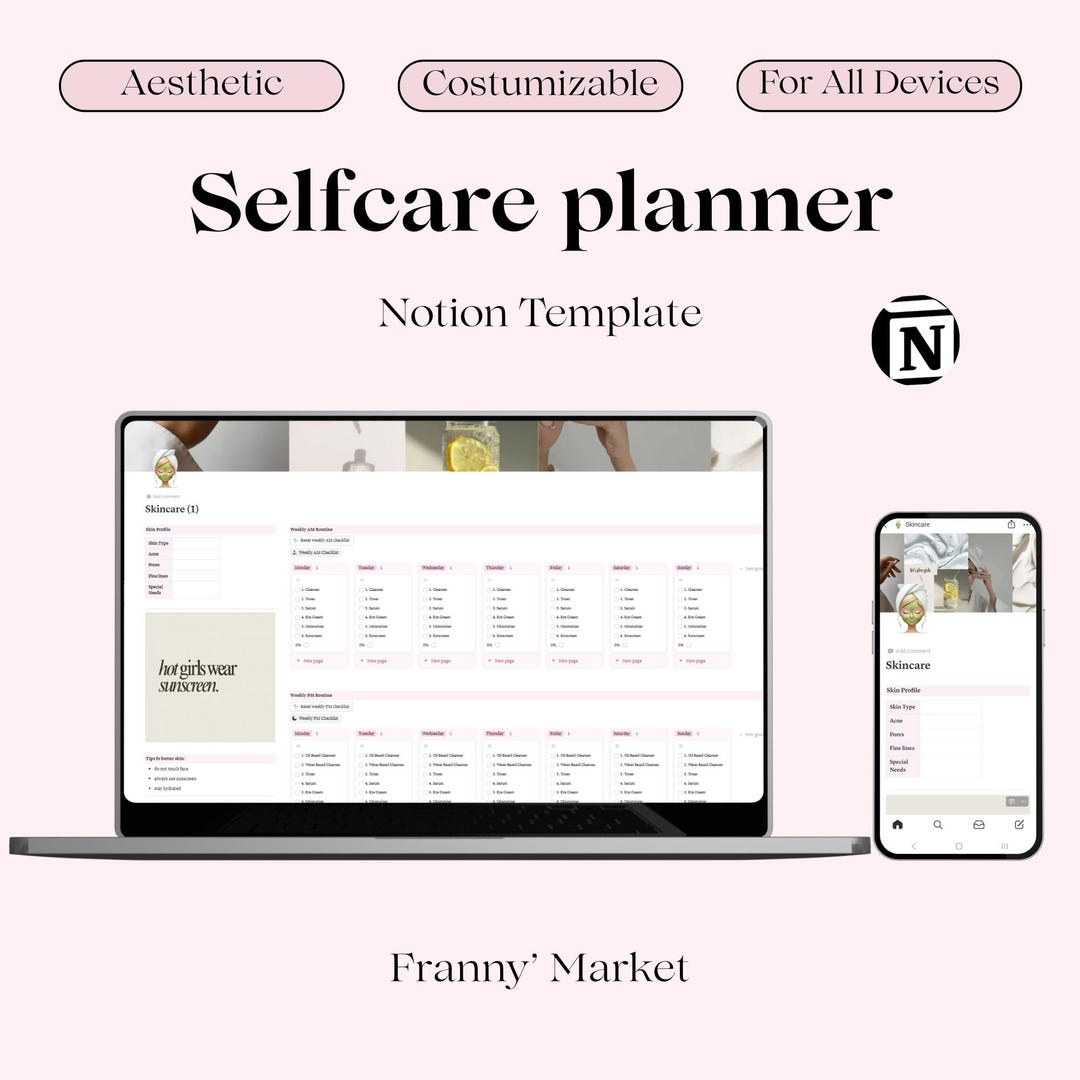 Skincare Planner Notion Template Wellness Planner Notion Self-care