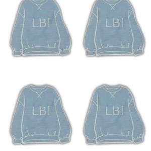 May include: Four light blue sweatshirts, each embroidered with the letters "LBI". They feature a crew neck and long sleeves. The image is set against a white backdrop.