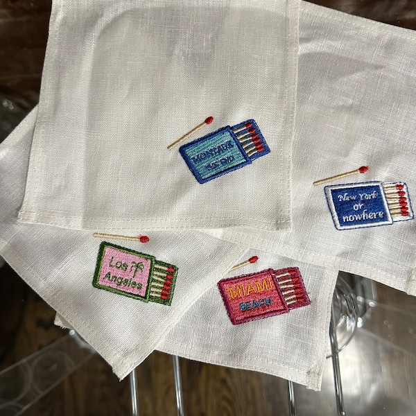 Matchbook art embroidery cloth cocktail napkins coasters set of 4- New York, Los Angeles, Miami & Montauk