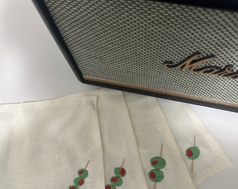 Embroidered olive dirty martini cloth cocktail napkins, Dirty Martini Cocktail Napkins, Olive Cocktail Napkins.