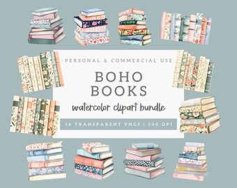 Könnte beinhalten: Ein Set mit 16 Aquarell-Clipart-Bildern von Bücherstapeln mit floralen und gemusterten Umschlägen. Der Text "BOHO BOOKS watercolor clipart bundle" befindet sich in der Mitte des Bildes. Der Text "16 TRANSPARENT PNGS | 300 DPI" befindet sich unter dem Titel.