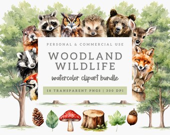 Woodland Animals, Commercial Use Clipart, Watercolor Forest Animals PNG, Nursery Clipart, Woodland Babies, Fox Bear Deer Raccoon Owl Tree