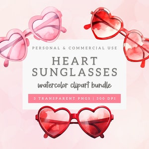 Clipart de coração, uso comercial gratuito, óculos de sol de coração, clipart de coração, PNG de amor, clipart de dia dos namorados, formato de coração, aquarela, clipart