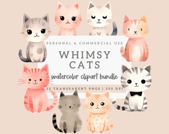 Watercolor Cats Clipart, Digital Download, Kitten Clipart, Cat Lovers Gift, Quirky Cat Clipart, Cute Cats, Junk Journal