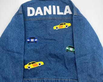 Personalized Kids Denim Jacket, 3D Puff Car Design, Embroidered Name