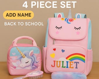 Gepersonaliseerde eenhoorn rugzakset: schooltas, lunchtas en etui voor meisjes