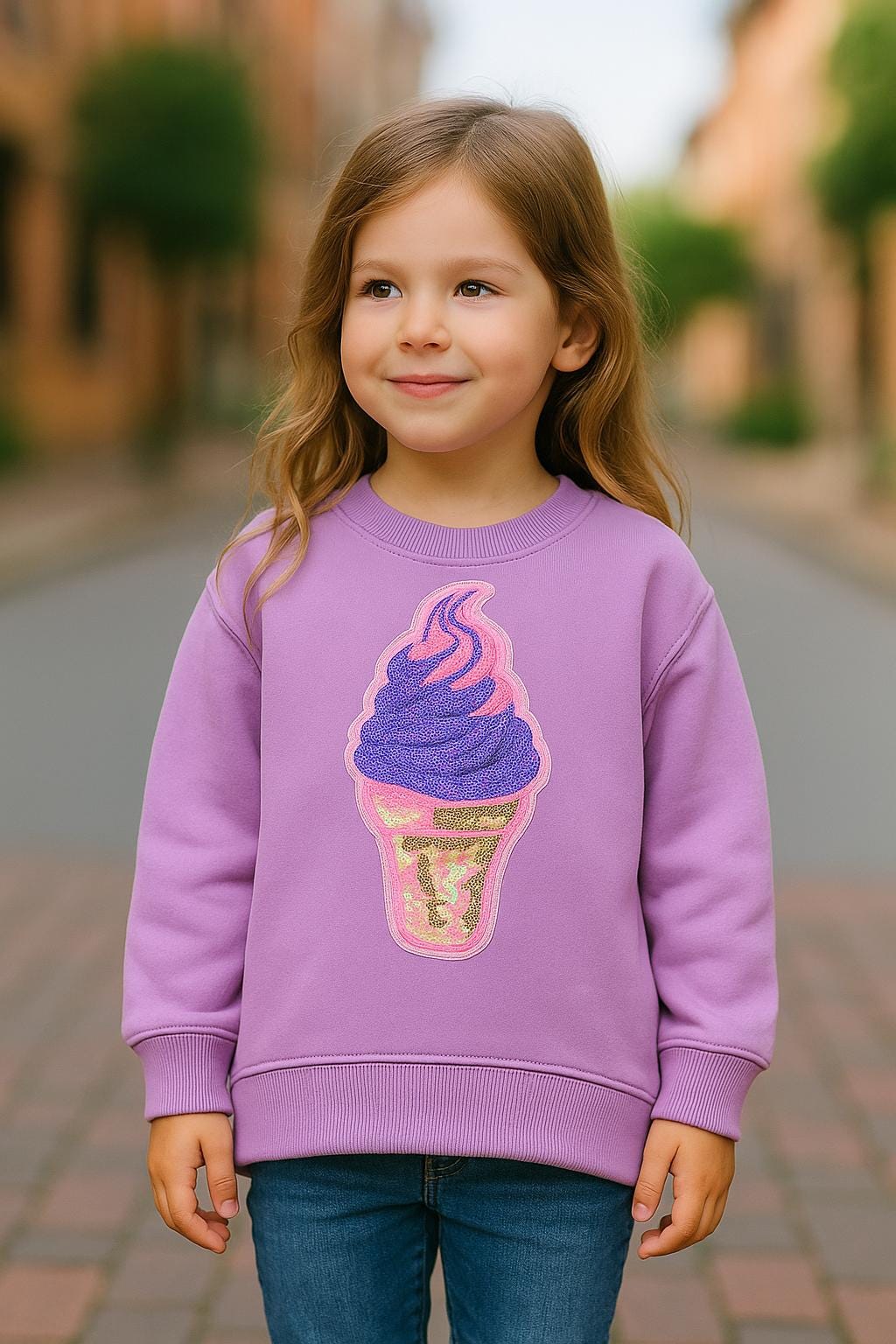 Kids Lavender Sequin Ice Cream Sweatshirt Girl Pullover Kawaii Birthday Outfit Winter Top