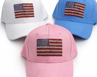 Cappellino da baseball con bandiera americana e strass, cappello patriottico con brillantini