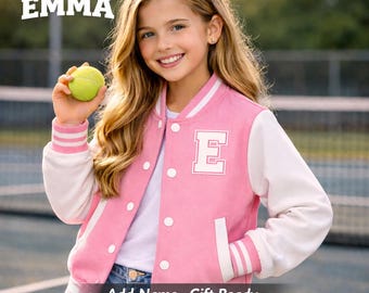 Personalized Kids Varsity Jacket: Custom Name Tennis Letterman Coat – Pink/Blue