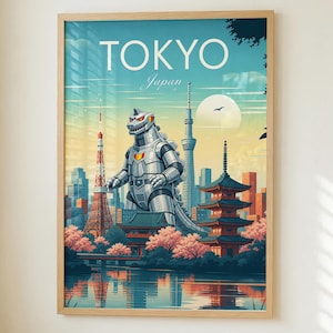 May include: A framed wall art print featuring a stylised illustration of a metallic robot standing in front of the Tokyo skyline, including the Tokyo Tower, a pagoda, cherry blossoms, and a full moon, with the text TOKYO Japan at the top.