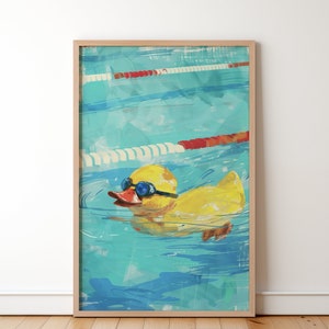 Pintura del patito de goma Michael Phelps, lindo pato de juguete con gafas arte de la pared, divertido pájaro acuático nadando en un cartel de la piscina del carril, regalo de amigo