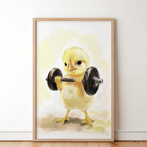 Baby Huhn Gewichte hebende Malerei, lustiges Küken Workout-Poster, niedliches Tier, das mit einer Langhantel-Wanddekoration trainiert, Geschenk für Haustierbesitzer