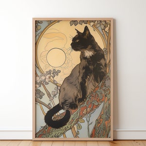 Art Nouveau Black Cat Walking On a Tree Branch Wall Decor, Cute Cat In Nature Print, Funny Lighthearted Poster Gift for Friends and Family