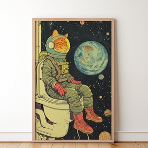 Astronaut Kitty sitzt auf der Toilette Wandkunst, lustige blonde Katzenmalerei, süße Galaxie Tierzeichnung, Geschenk für Haustierbesitzer, Katzenliebhaber Geschenk