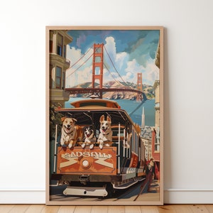 Eine Gruppe Von Hunden Auf Einem Trolley Im Zentrum von San Francisco Gemälde, Lustiges Tier Wanddekor, Süßes Canine Poster, Geschenk für Tierbesitzer und Freunde