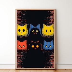 May include: A framed art print featuring a pixelated design of six cat faces in various colors: yellow, blue, red, and black. The artwork has a black background with orange dot accents and is displayed in a wooden frame.