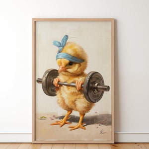 Baby Huhn Gewichte hebende Malerei, lustiges Küken Workout-Poster, niedliches Tier, das mit einer Langhantel-Wanddekoration trainiert, Geschenk für Haustierbesitzer