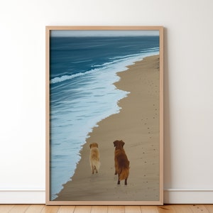 Dos Golden Retrievers caminando en la pintura de la playa, animales junto al cartel de olas calmantes, regalo de decoración de pared para el dueño de una mascota, bonito regalo de arte