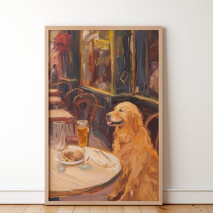 Van Gogh Golden Retriever sitzen an einem London Diner Poster, genießen die Nachtlichter, lustiges Hunde-Liebhaber-Wand-Kunst-Geschenk, niedliches Tierwand-Dekor