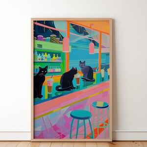 Drei Katzen schlürfen Milchshake in einem Diner der 1980er Jahre, lustiges Katzenbild, niedliches Katzenkunstplakat Geschenk für Haustierbesitzer, Freund vorhanden