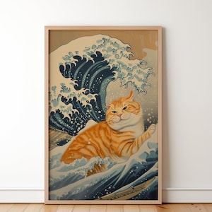 Könnte beinhalten: Ein digitaler Kunstdruck mit einer roten Katze, die auf einer großen blauen Welle reitet, die an den berühmten japanischen Holzschnitt "Die Große Welle vor Kanagawa" erinnert.