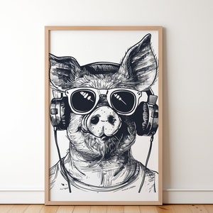 DJ Chubs Poster, lustiges Schwein mit Kopfhörern und Sonnenbrillen Wanddekor, niedliche Farm Animal Art, Doof Wildschwein Geschenk für Schweineliebhaber, Tierliebhaber Geschenk
