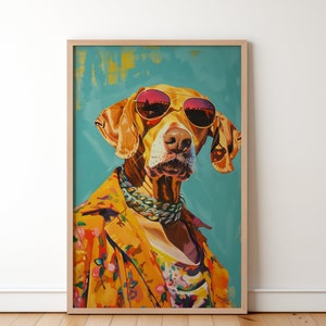 Retro Miami Hund trägt Sonnenbrillen und Hawaii Kleid Shirt Gemälde, Kette tragen Hund Kunst Geschenk, lustige Tier Wand Dekor Geschenk für Tierbesitzer