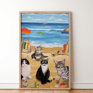 Cats Playing At The Beach Poster, Cats Drinking Margaritas Print, Lighthearted Beach House Wall Decor, Wholesome Art for Kids and Friends