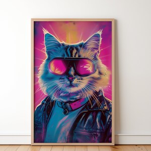 Retro Marty McFly Katze trägt Brille Poster, lustiges Katzen Wanddekor, doof Katze Geschenk für Katzenliebhaber, seltsame Tier Wandkunst für Freunde