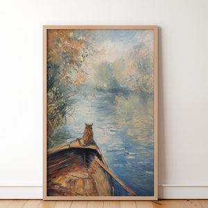 Op de afbeelding: Een schilderij van een kat die in een houten boot op een rustig meer zit. Het water is blauw en de lucht is lichtblauw met witte wolken. De kat kijkt uit over het meer. De bomen aan de oever zijn groen en geel.