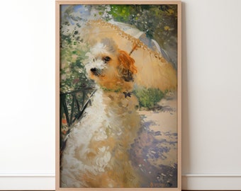 モネのパラソルを持ったマルチーズプードルの絵画、美しい筆遣いの動物