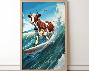 May include: A brown and white cow with a surfboard riding a blue wave. The cow is wearing a white surfboard with a brown stripe. The wave is crashing behind the cow.