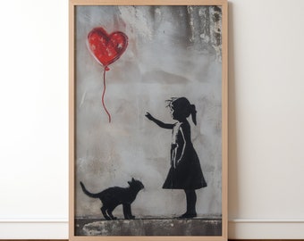 Emotional Cat And Child Wall Painting, Banksy Post War Cat Wall Decor, Deep Message Wall Poster Gift for Cat Lovers, Veteran Cat Present