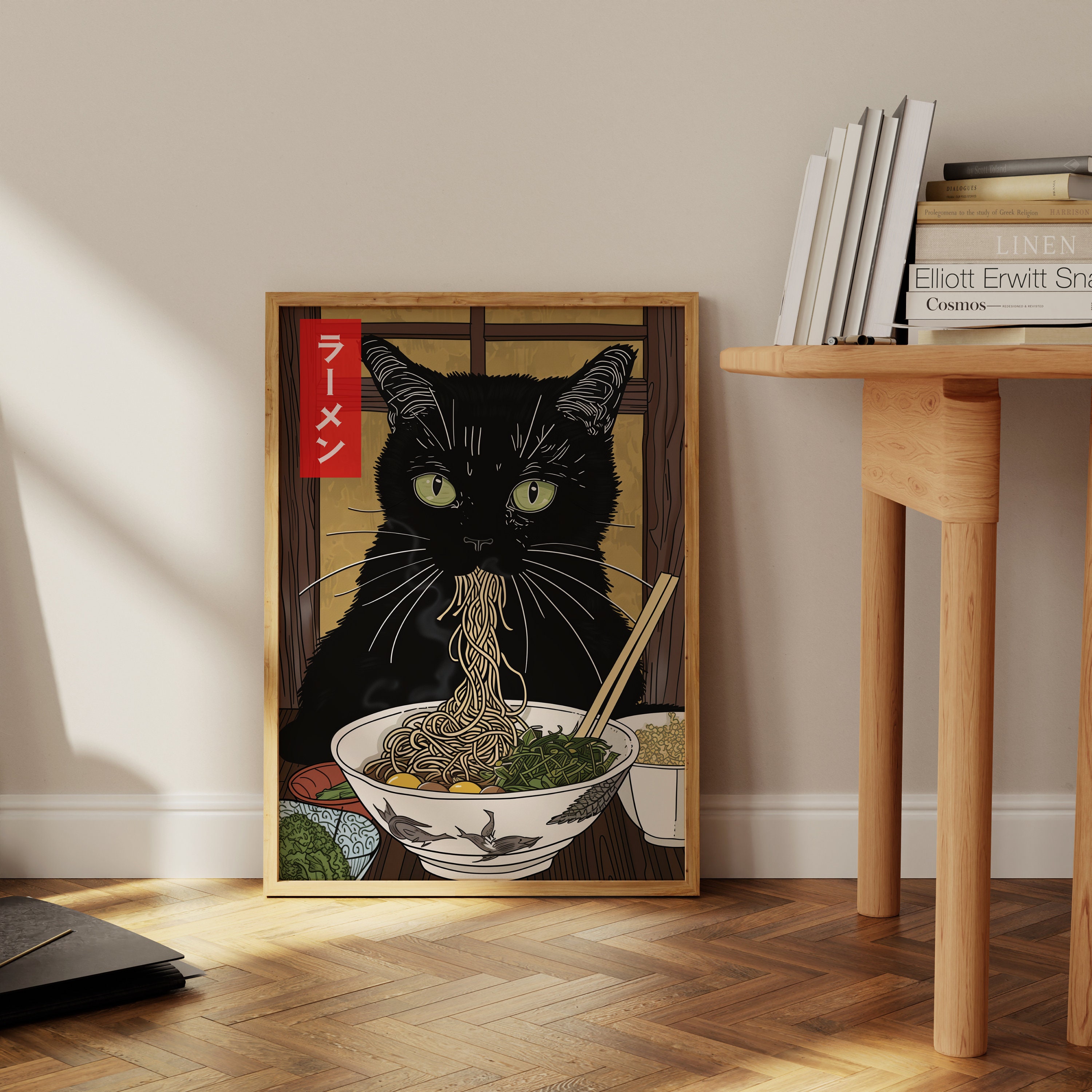 Japanese Black Cat Eating Miso Ramen Painting, Cute Animal Poster Gift ...