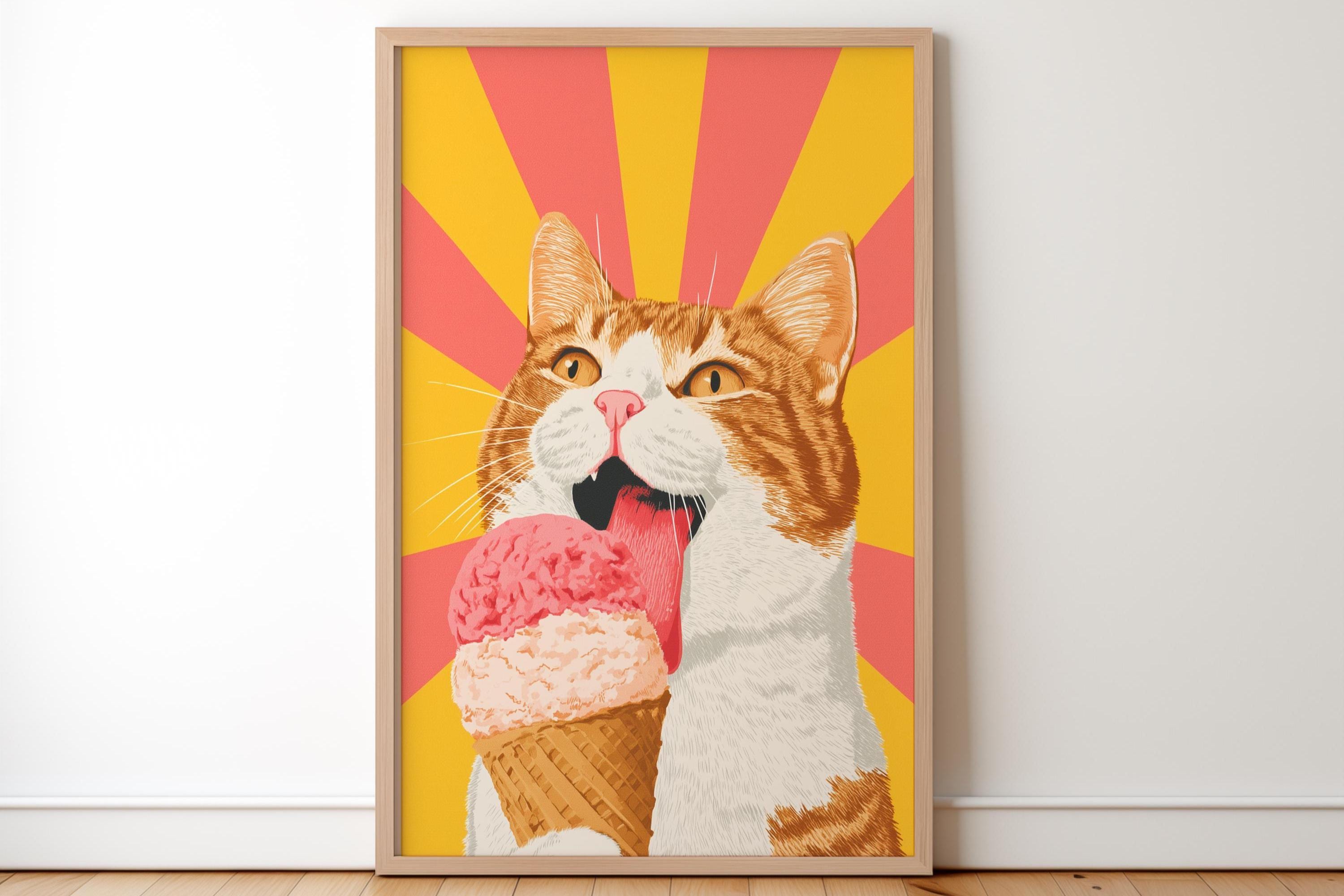 おもしろいオレンジ色の猫のアートプリント、ぽっちゃりがアイス