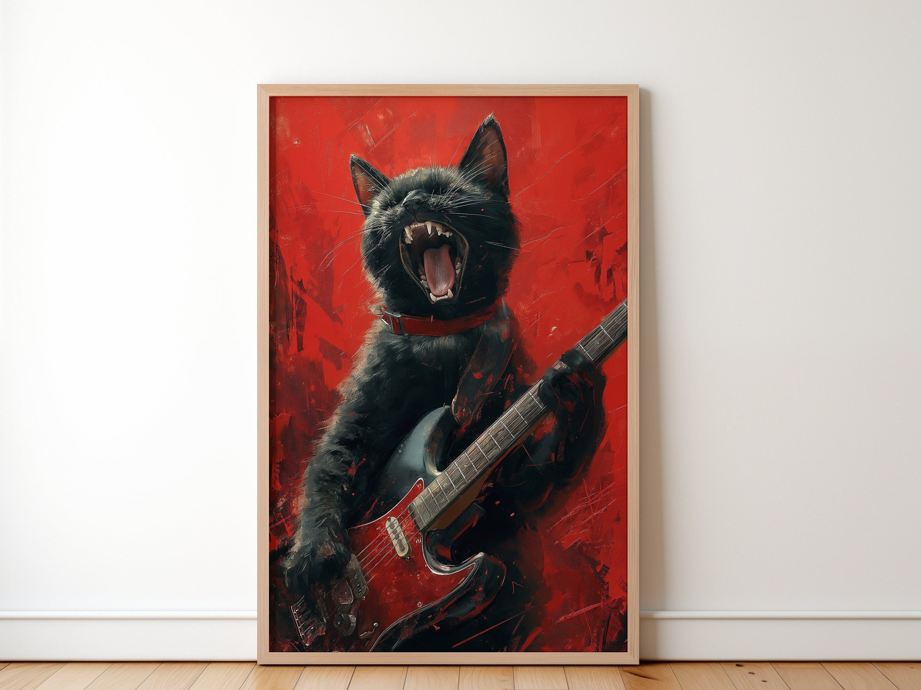 Heavy Metal Black Cat Jamming With an Electric Guitar Painting