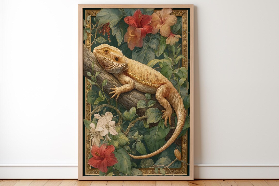 Bearded Dragon Art Print, Botanical Reptile Wall Decor, Lizard Nature ...
