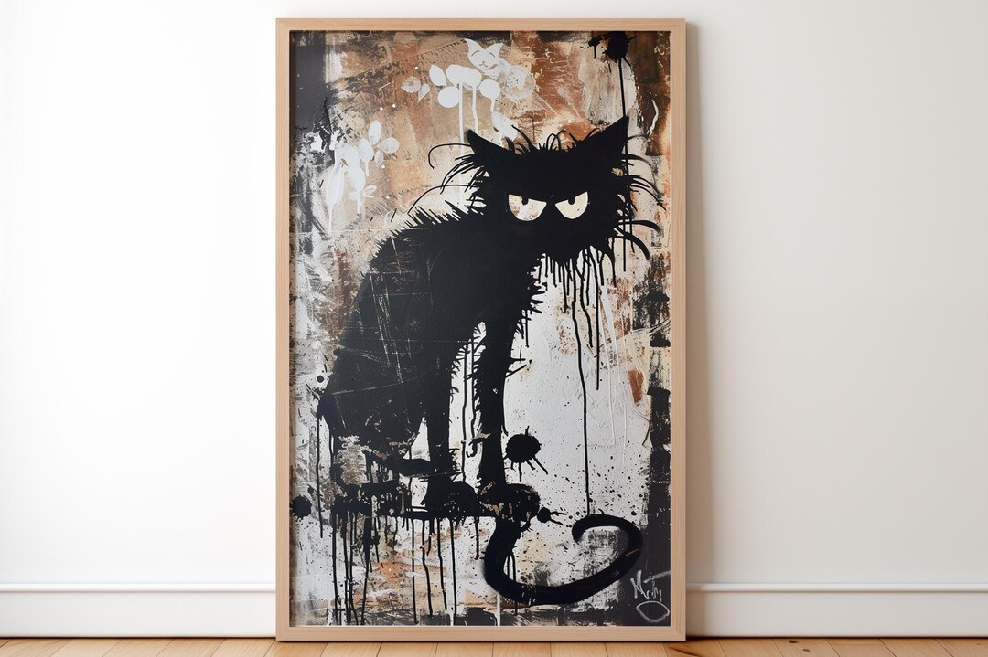 Street Graffiti Art Pet Black Cat Paint Splat, Weird Abstract Retro ...
