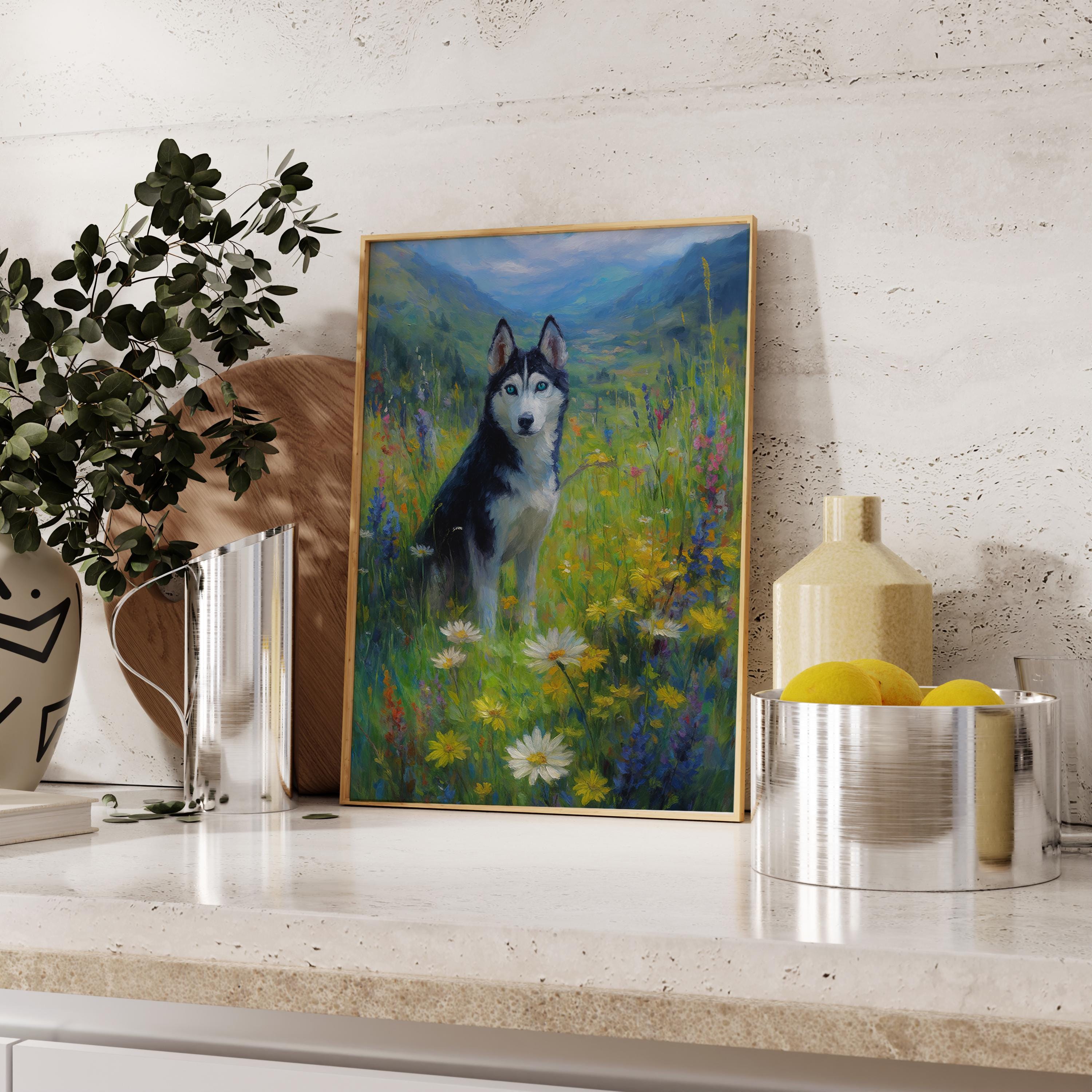 ハスキー犬の野花の草原の版画：風景画風の犬の絵画 - Etsy 日本