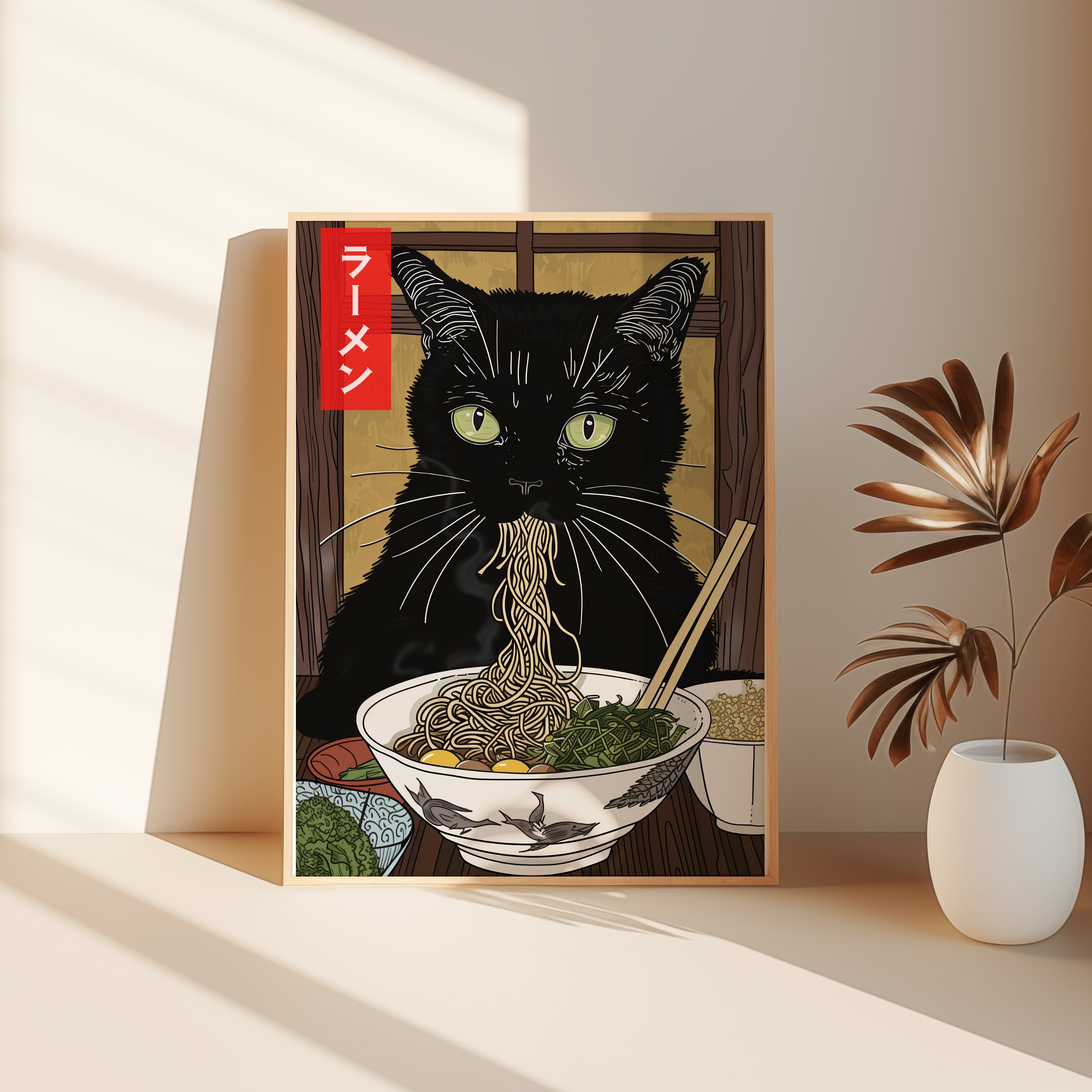 Japanese Black Cat Eating Miso Ramen Painting, Cute Animal Poster Gift ...