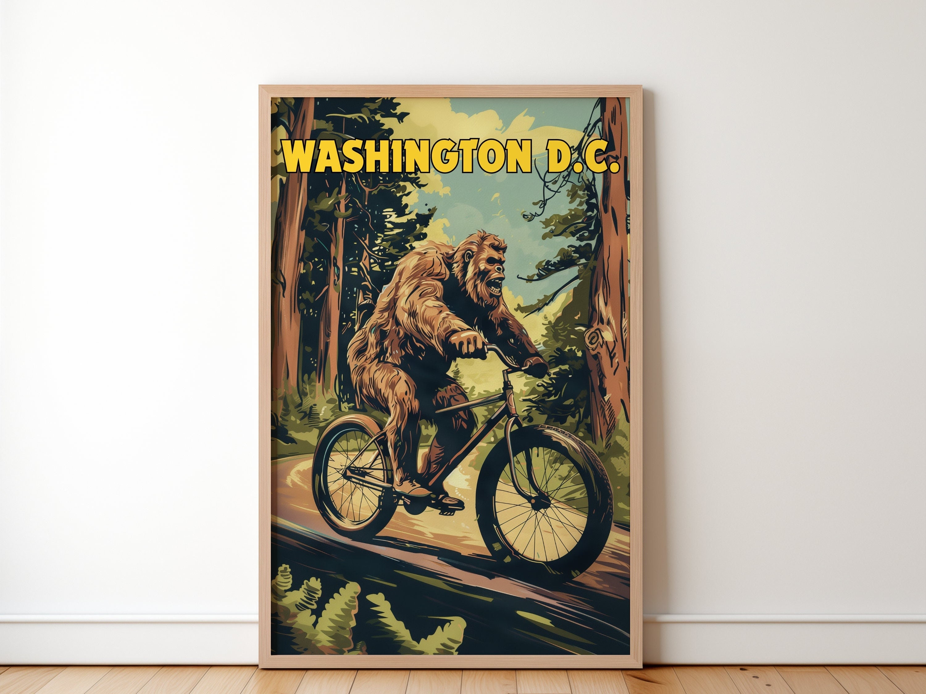 ワシントン D.C. 旅行ポスター、マウンテンバイクに乗るビッグフットの 