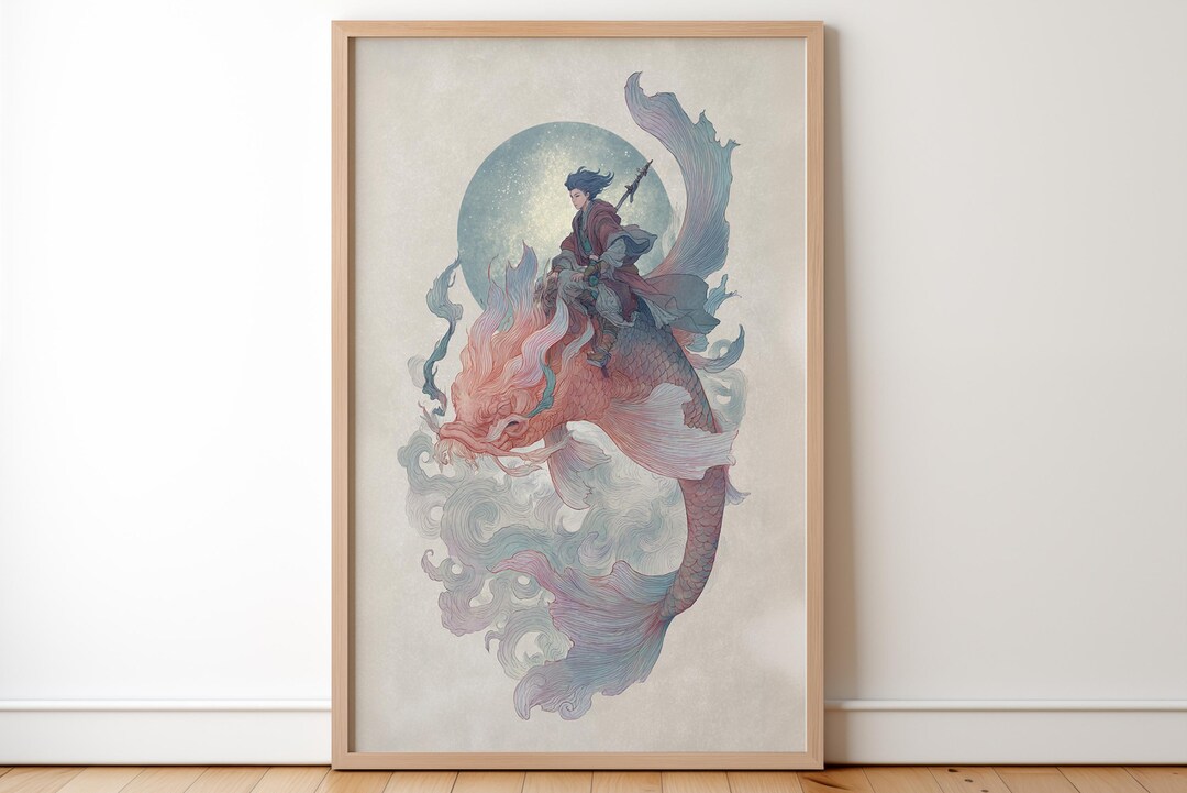 Dragon Koi Art Print, Fantasy Warrior Poster, Japanese Moon Wall Decor ...