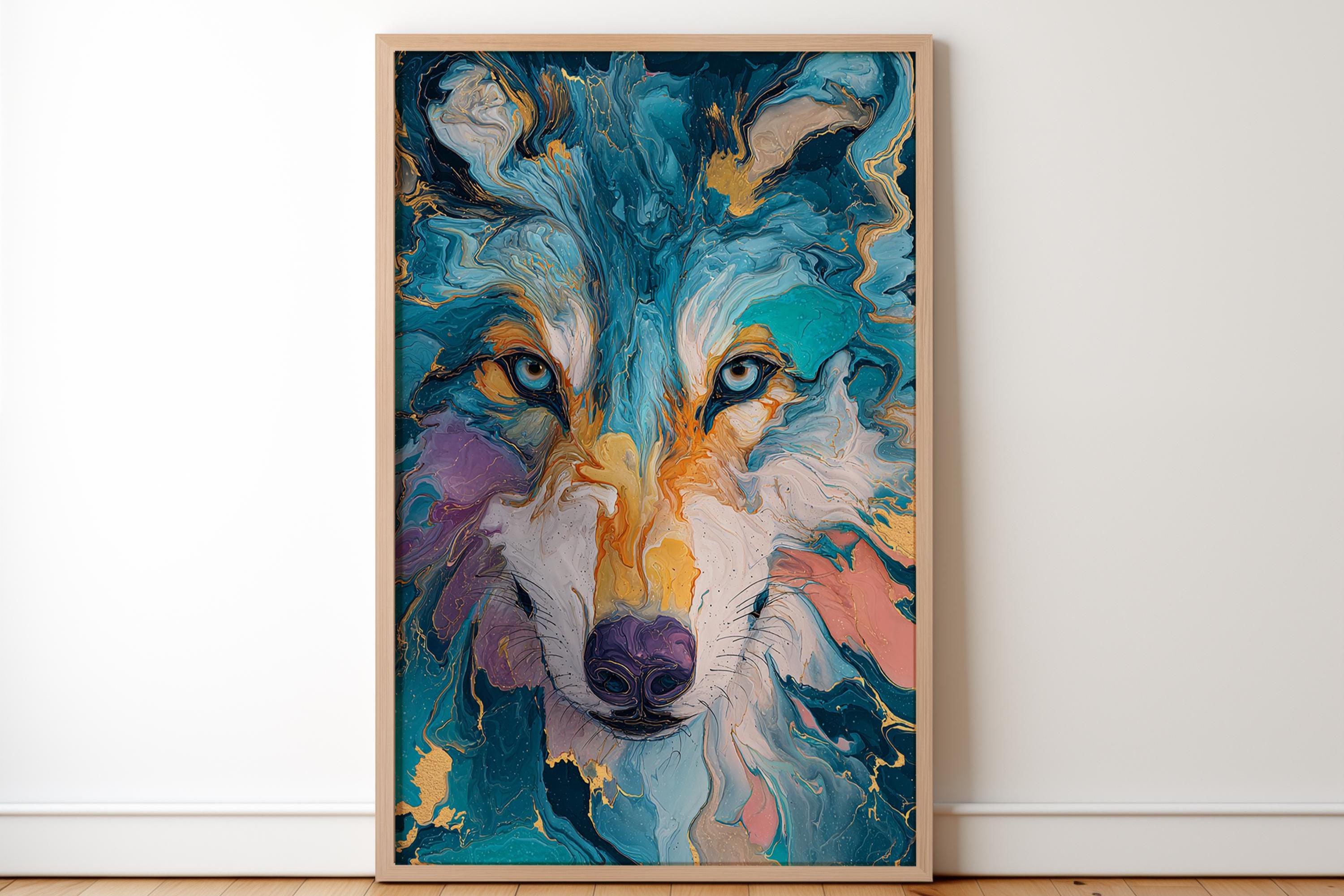 カラフルなオオカミの絵画 カラフルなオオカミのアートプリント、抽象的な動物の絵画、鮮やかな