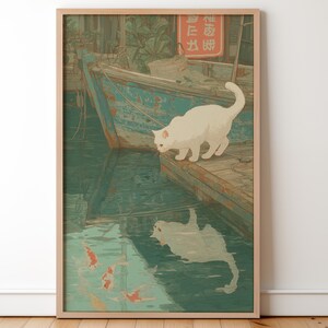 May include: A framed art print depicts a white cat observing its reflection in the water near a weathered blue boat. The water reflects the cat and the boat. Koi fish swim in the water. A red sign with Asian characters is visible.