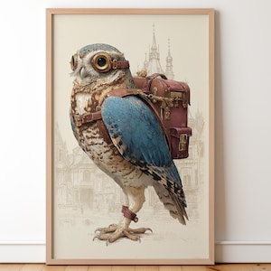 May include: Framed art print featuring a whimsical owl with steampunk goggles and a small suitcase. The owl has blue wings and is set against a backdrop of a European cityscape. The artwork is in a vintage style.