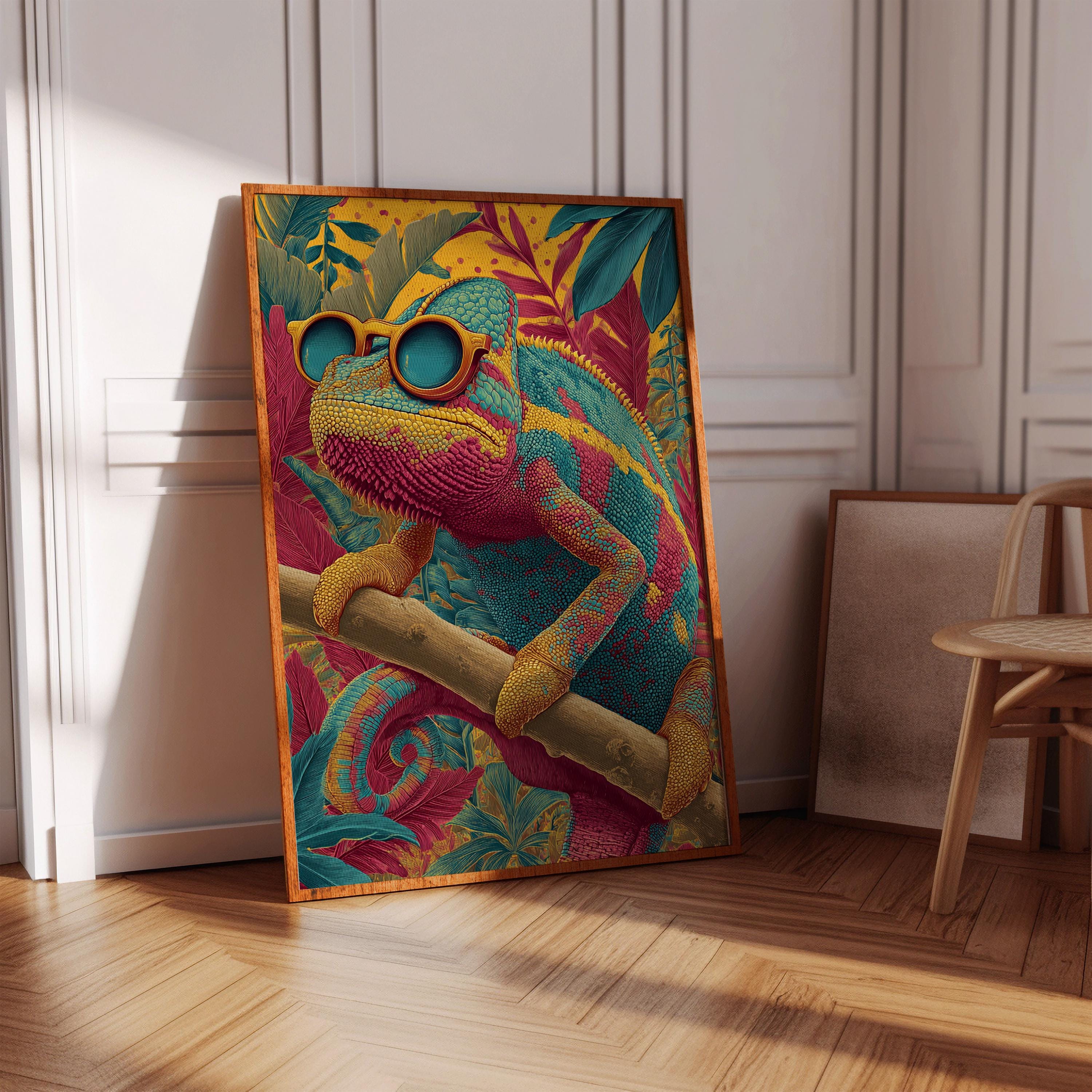 Cool Chameleon Art Print, Colorful Animal Wall Decor, Funky Lizard ...