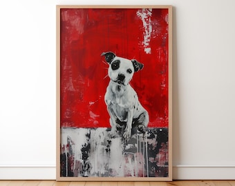 May include: Framed art print featuring a black and white spotted dog against a vibrant red background. The dog is sitting on a white and black surface. The artwork has a modern, abstract style.