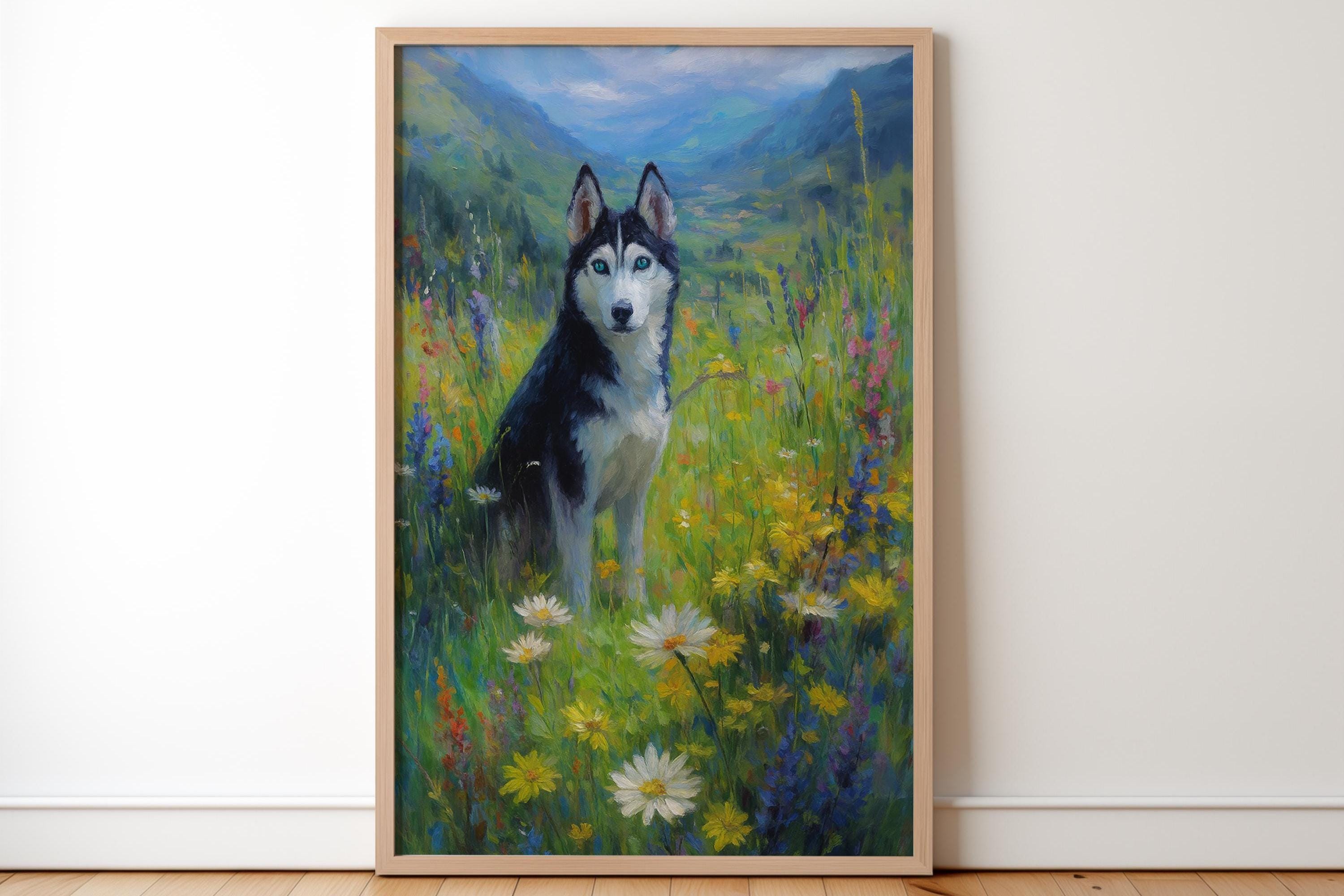 ハスキー犬の野花の草原の版画：風景画風の犬の絵画 - Etsy 日本