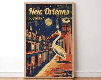 May include: A framed art print featuring a vintage-style illustration of New Orleans at night. The artwork depicts a pelican, a full moon, and buildings along a canal. The text "New Orleans Louisiana" is at the top.